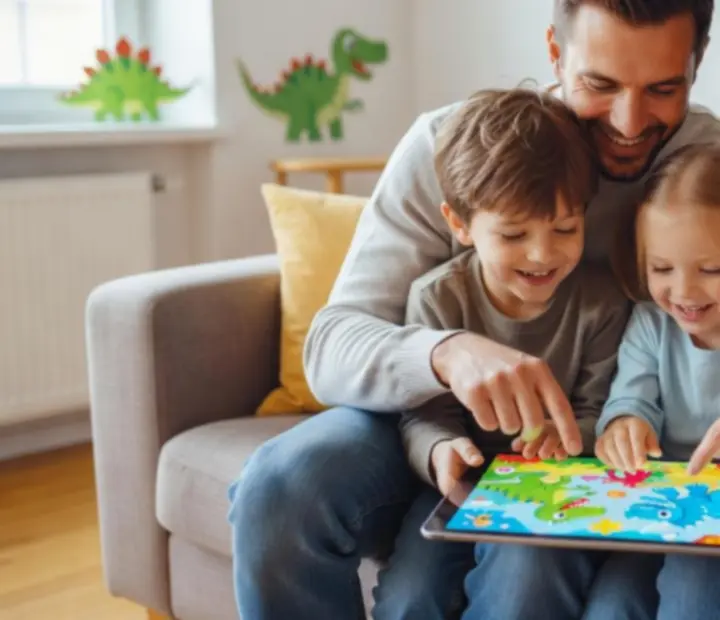 Család közösen játszik egy vidám dinoszauruszos mobiljátékkal