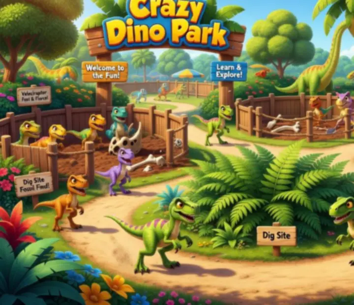 Színes dinoszauruszpark illusztráció a Crazy Dino Park játék stílusában