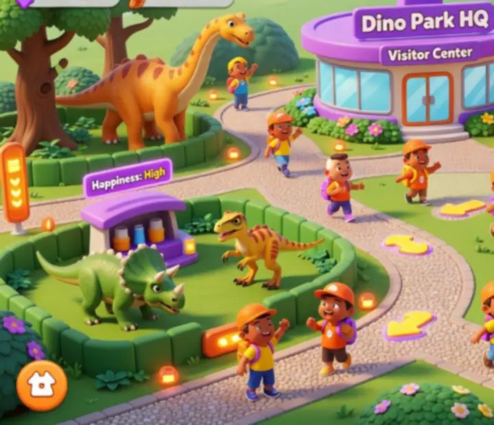 Parképítési jelenet a Crazy Dino Park színes dínóparkjából
